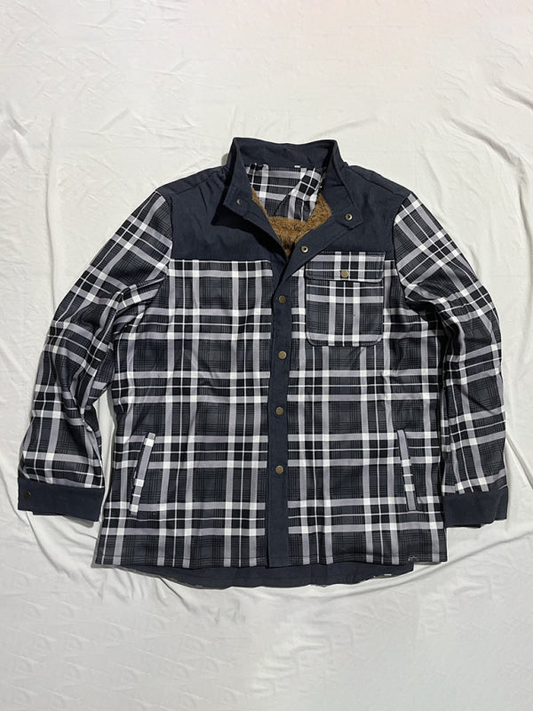 Warmer Jackets- Winter Plaid Patchwork Fleece-Lined Corduroy Jacket for Men- - Pekosa Women Clothing