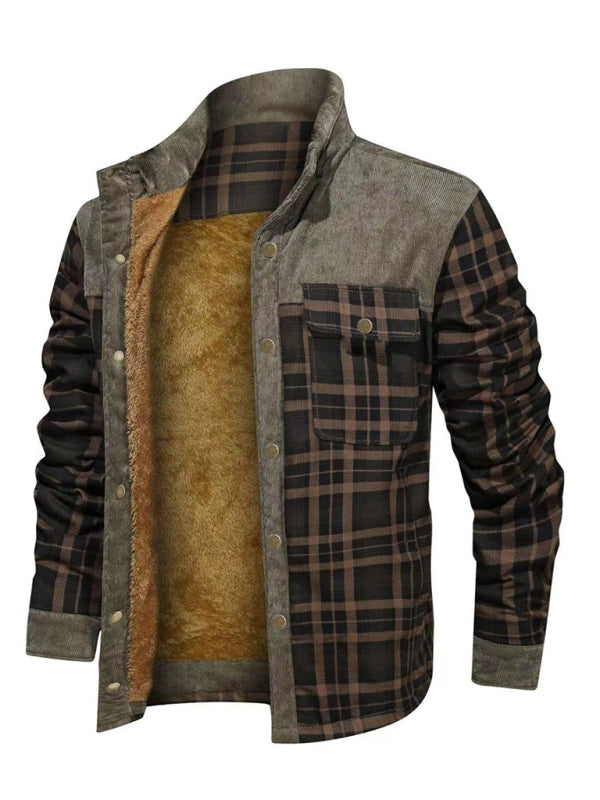 Warmer Jackets- Winter Plaid Patchwork Fleece-Lined Corduroy Jacket for Men- Pattern5- Pekosa Women Clothing