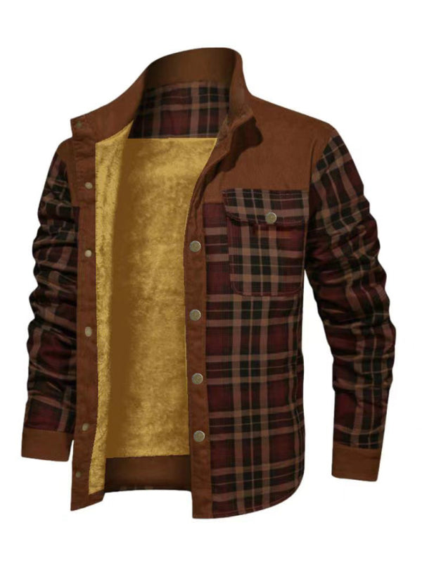 Warmer Jackets- Winter Plaid Patchwork Fleece-Lined Corduroy Jacket for Men- Pattern2- Pekosa Women Clothing