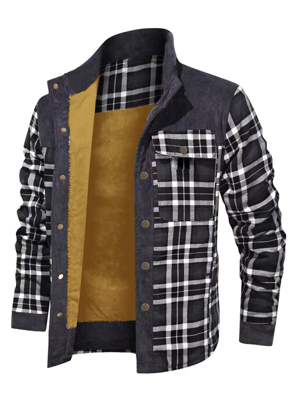 Warmer Jackets- Winter Plaid Patchwork Fleece-Lined Corduroy Jacket for Men- Pattern1- Pekosa Women Clothing