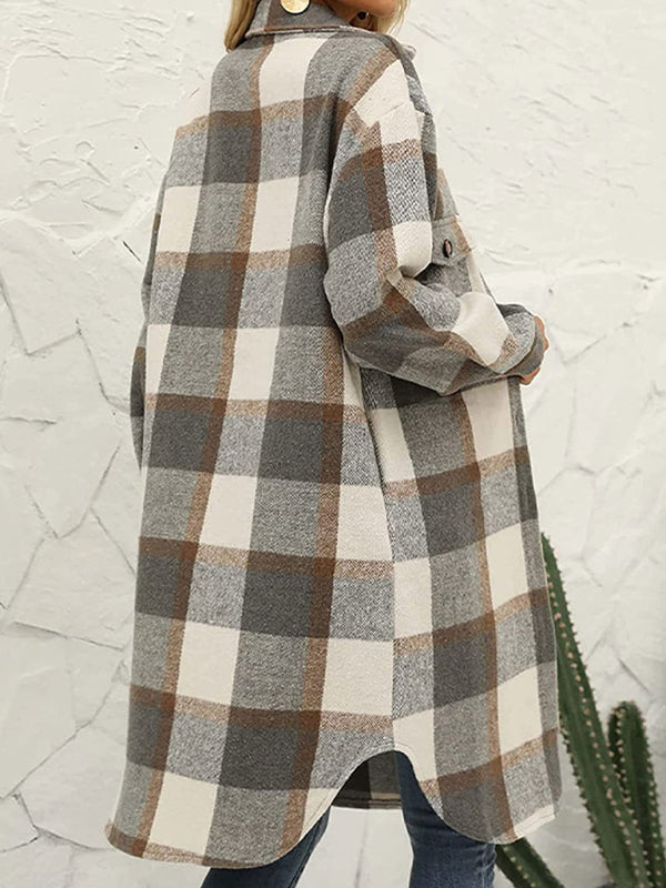 Windbraker- Faux Wool Plaid Windbreaker Longline Coat- - Pekosa Women Clothing