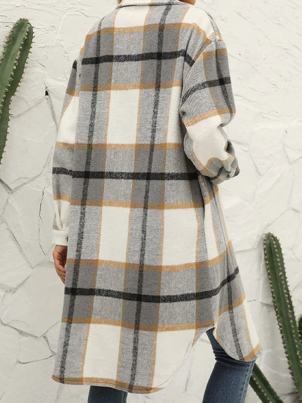 Windbraker- Faux Wool Plaid Windbreaker Longline Coat- - Pekosa Women Clothing