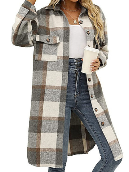 Windbraker- Faux Wool Plaid Windbreaker Longline Coat- - Pekosa Women Clothing