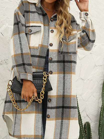 Windbraker- Faux Wool Plaid Windbreaker Longline Coat- Black- Pekosa Women Clothing