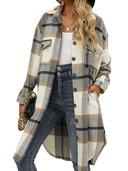 Windbraker- Faux Wool Plaid Windbreaker Longline Coat- - Pekosa Women Clothing