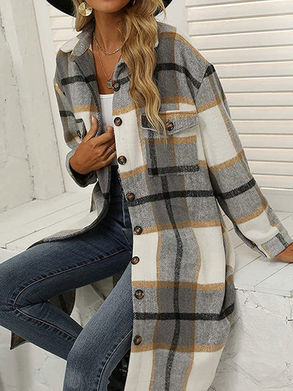 Windbraker- Faux Wool Plaid Windbreaker Longline Coat- - Pekosa Women Clothing