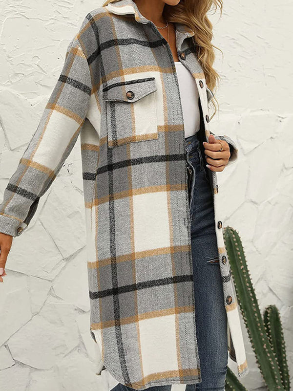 Windbraker- Faux Wool Plaid Windbreaker Longline Coat- - Pekosa Women Clothing