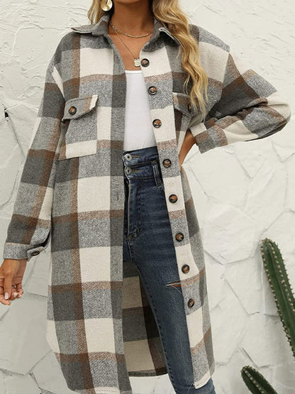 Windbraker- Faux Wool Plaid Windbreaker Longline Coat- - Pekosa Women Clothing