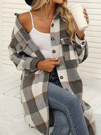 Windbraker- Faux Wool Plaid Windbreaker Longline Coat- Grey- Pekosa Women Clothing