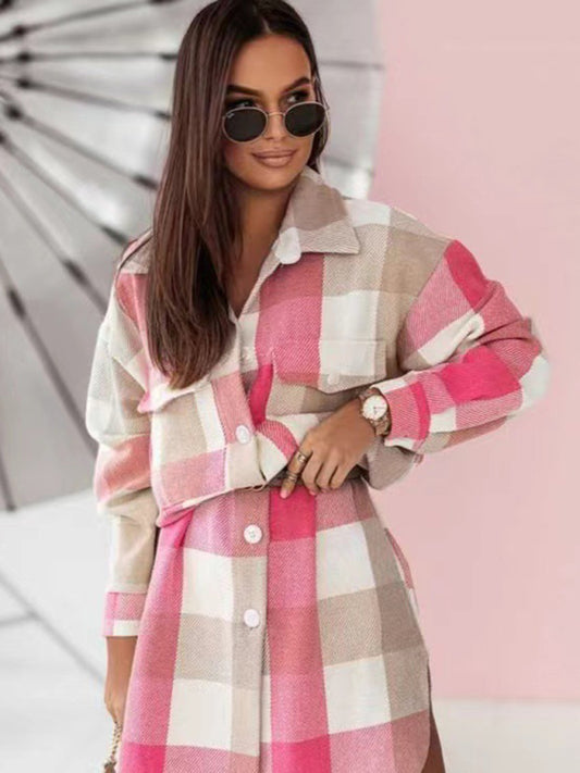 Windbreakers- Longline Shacket Windbreaker - Mid-Length Fall Plaid Wool Jacket- Pink- Pekosa Women Clothing