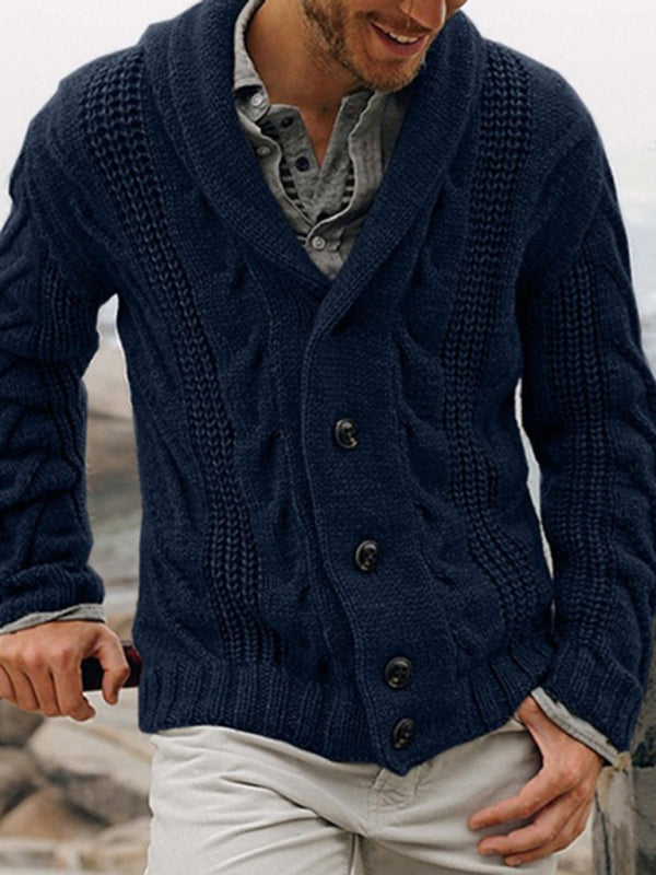 Winter Cardigans- Men's Shawl Collar Cardigan | Button-Up Cable Knit Sweater- Purplish blue navy- Pekosa Women Clothing