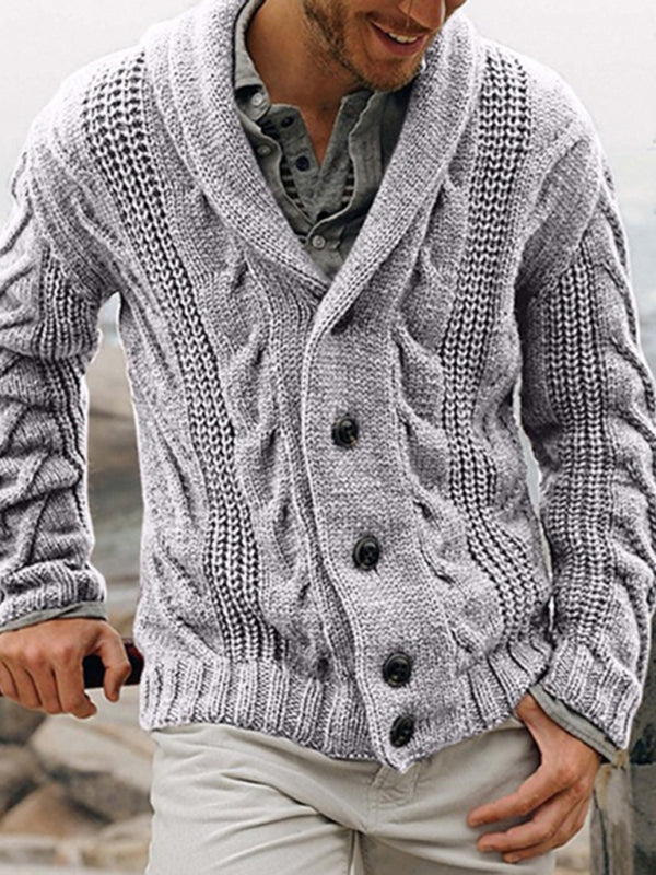 Winter Cardigans- Men's Shawl Collar Cardigan | Button-Up Cable Knit Sweater- Misty grey- Pekosa Women Clothing