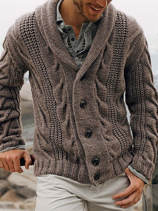 Winter Cardigans- Men's Shawl Collar Cardigan | Button-Up Cable Knit Sweater- Brown- Pekosa Women Clothing