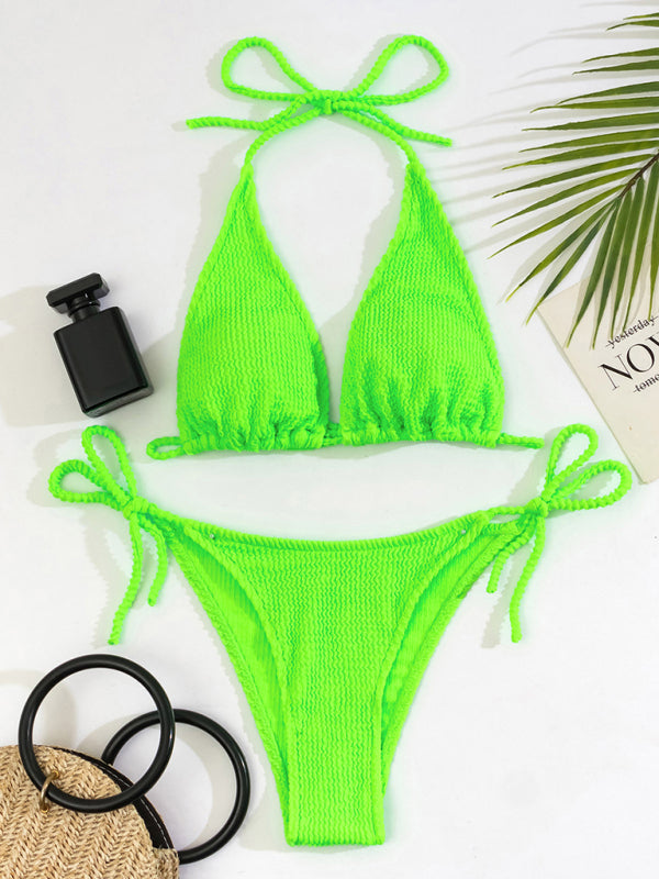 Wireless Bikini Set- Textured 2 Piece Bikini Tie-Side Thong and Triangle Bra- - Pekosa Women Clothing