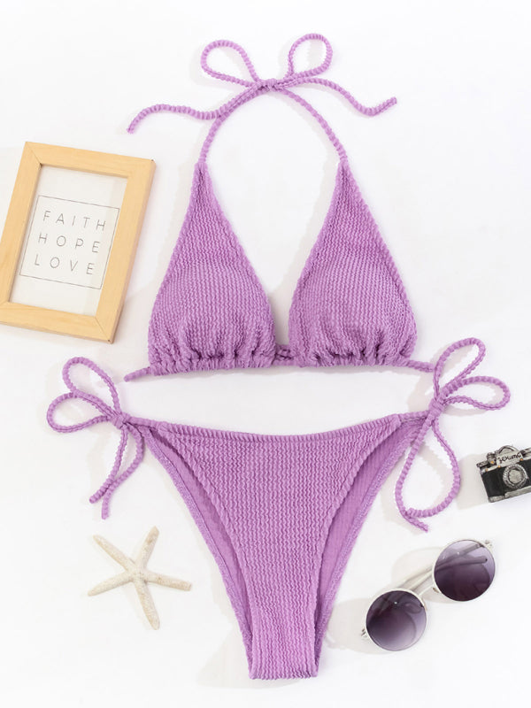 Wireless Bikini Set- Textured 2 Piece Bikini Tie-Side Thong and Triangle Bra- - Pekosa Women Clothing