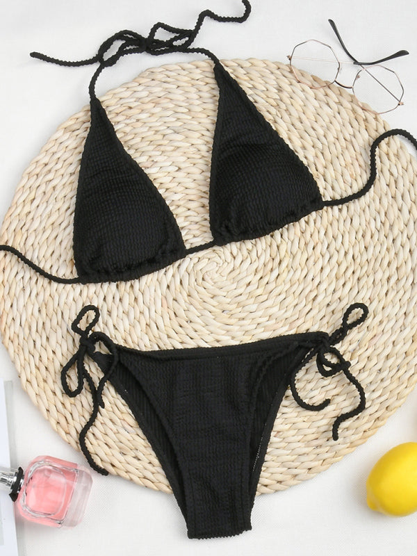 Wireless Bikini Set- Textured 2 Piece Bikini Tie-Side Thong and Triangle Bra- - Pekosa Women Clothing