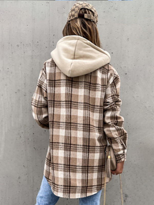 Wool Jackets- Plaid Flannel Hoodie Jacket - Wool Overcoat- - Pekosa Women Clothing