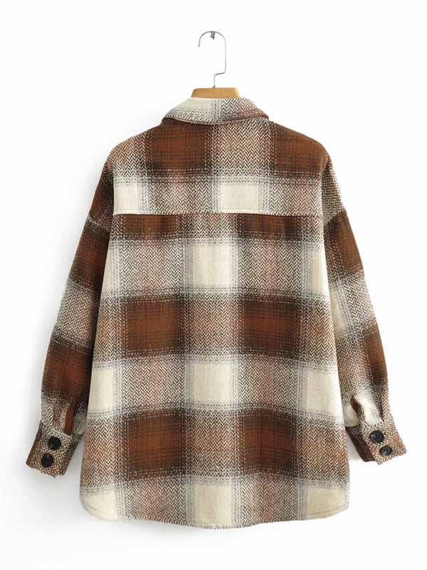 Wool Jackets- Plaid Woolen Oversized Shirt Jacket- - Pekosa Women Clothing