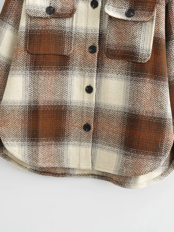 Wool Jackets- Plaid Woolen Oversized Shirt Jacket- - Pekosa Women Clothing