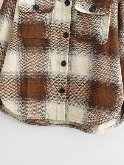 Wool Jackets- Plaid Woolen Oversized Shirt Jacket- - Pekosa Women Clothing