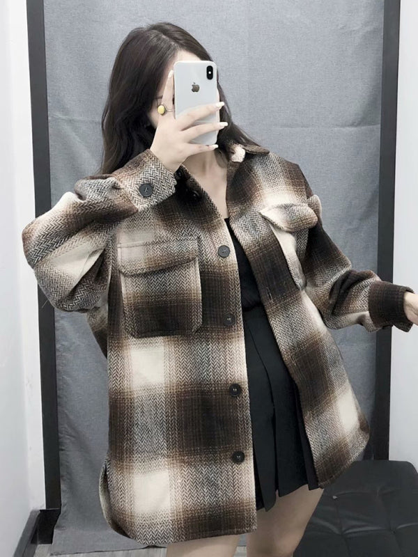 Wool Jackets- Plaid Woolen Oversized Shirt Jacket- Yellow- Pekosa Women Clothing