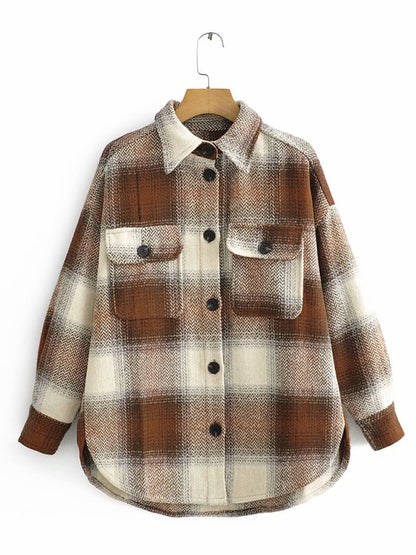 Wool Jackets- Plaid Woolen Oversized Shirt Jacket- - Pekosa Women Clothing