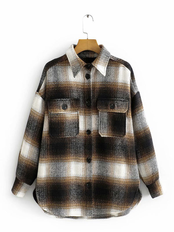 Wool Jackets- Plaid Woolen Oversized Shirt Jacket- - Pekosa Women Clothing