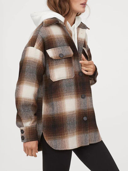 Wool Jackets- Plaid Woolen Oversized Shirt Jacket- Coffee- Pekosa Women Clothing