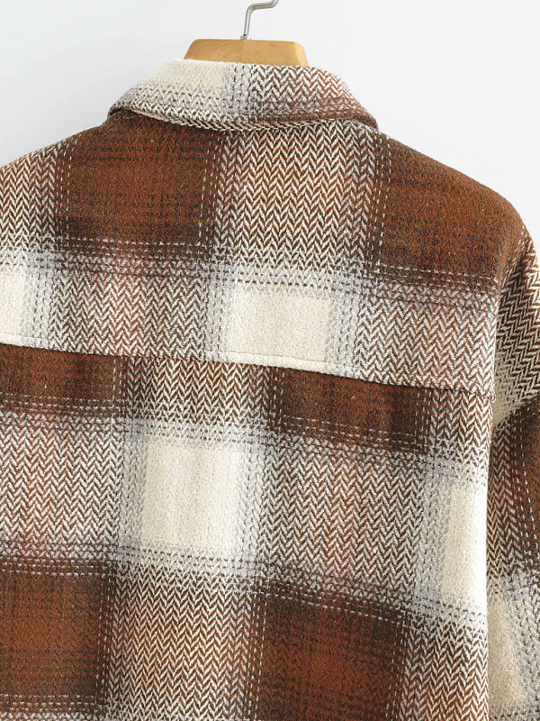 Wool Jackets- Plaid Woolen Oversized Shirt Jacket- - Pekosa Women Clothing