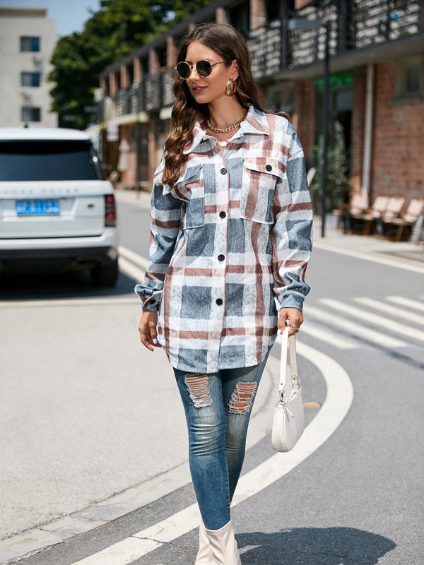 Woolen Jackets- Woolen Plaid Mid-Length Shirt Jacket Autumn Shacket- - Pekosa Women Clothing