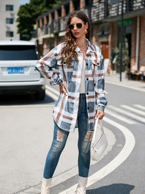 Woolen Jackets- Woolen Plaid Mid-Length Shirt Jacket Autumn Shacket- - Pekosa Women Clothing