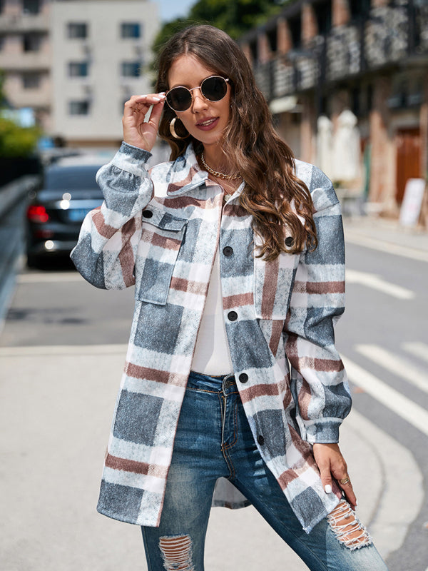 Woolen Jackets- Woolen Plaid Mid-Length Shirt Jacket Autumn Shacket- Grey- Pekosa Women Clothing