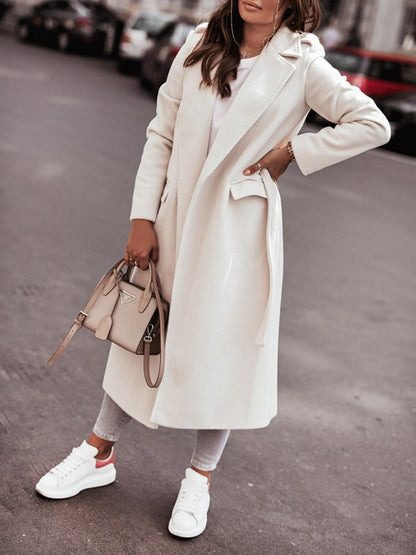 Wrap Coat- Solid Wool Lapel Collar Belted Wrap Coat- White- Pekosa Women Clothing