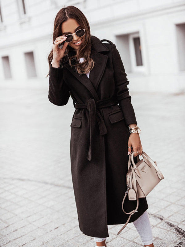 Wrap Coat- Solid Wool Lapel Collar Belted Wrap Coat- Black- Pekosa Women Clothing