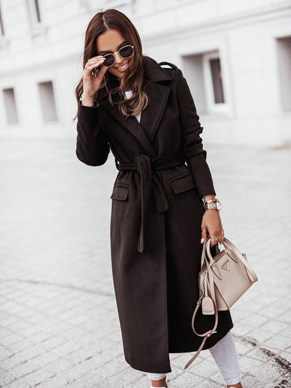 Wrap Coat- Solid Wool Lapel Collar Belted Wrap Coat- Black- Pekosa Women Clothing