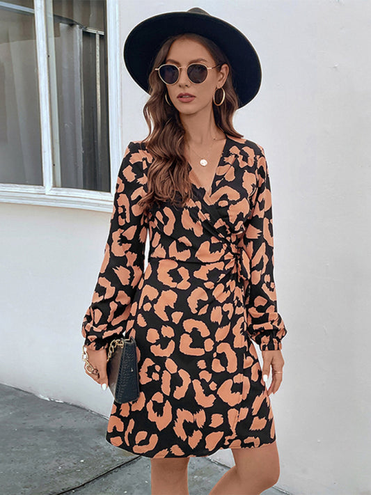 Wrap Dresses- Abstract Print Long Sleeve Wrap Dress- Brown- Pekosa Women Clothing