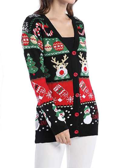 Xmas Cardigans- Cozy Holidays Snowman Jacquard Cardigan - Reindeer Jumper- - Pekosa Women Clothing