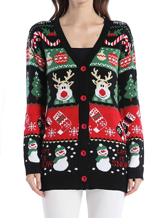 Xmas Cardigans- Cozy Holidays Snowman Jacquard Cardigan - Reindeer Jumper- Pattern- Pekosa Women Clothing