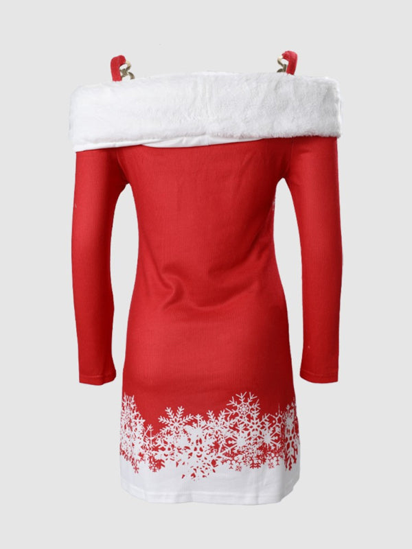 Xmas Dresses- Faux Fur Off-The-Shoulder Santa Claus Dress for Xmas- - Pekosa Women Clothing