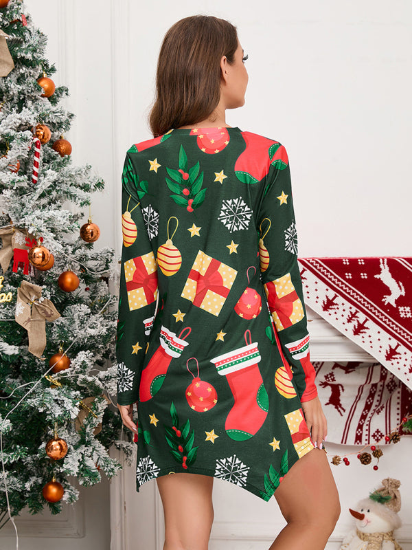Xmas Dresses- Festive Xmas V-Neck Long Sleeve Holiday Dress- - Pekosa Women Clothing