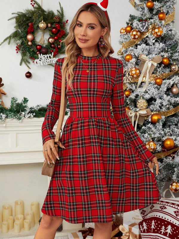 Xmas Dresses- Holiday Season Essential: Plaid Christmas Dress with Long Sleeves- Red- Pekosa Women Clothing