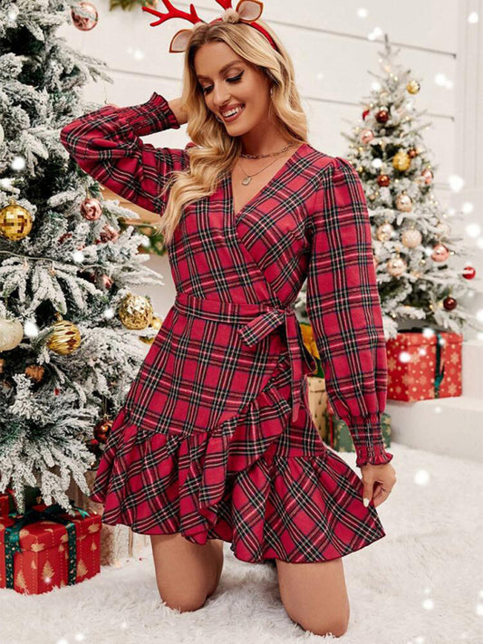 Xmas Dresses- Plaid Holiday Wrap Dress for Thanksgiving and Christmas- Red- Pekosa Women Clothing