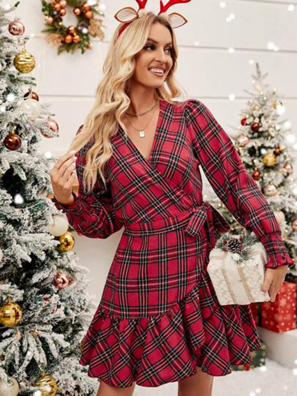 Xmas Dresses- Plaid Holiday Wrap Dress for Thanksgiving and Christmas- - Pekosa Women Clothing