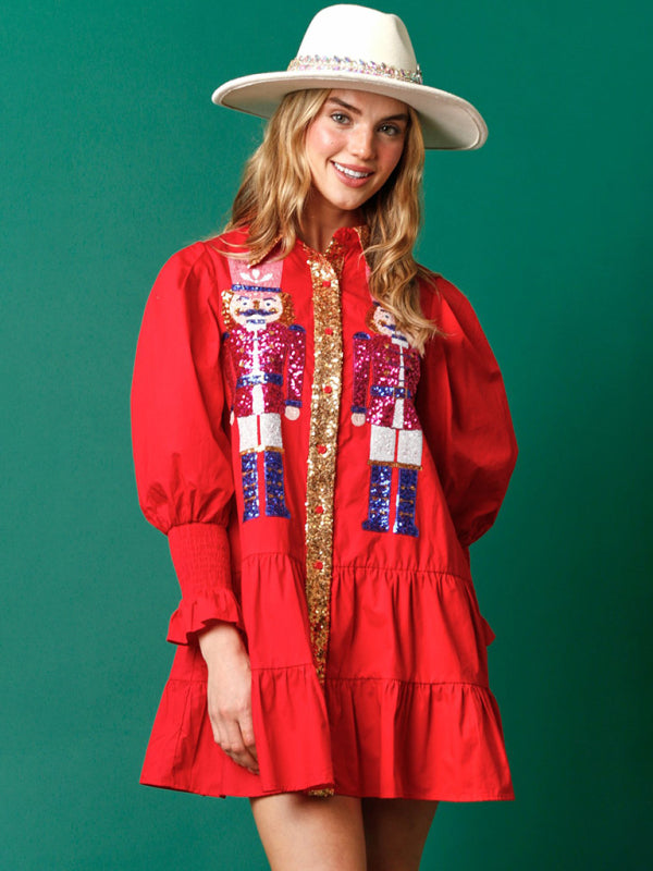 Xmas Dresses- Seasonal Sparkle Christmas Long Sleeve Sequin Patchwork Xmas Dress- Red- Pekosa Women Clothing