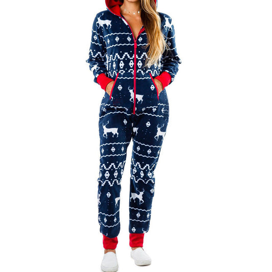 Xmas Jumpsuits- Ho-Ho-Holiday Pajamas: Xmas Zip-Up Hooded Jumpsuit- Pattern1- Pekosa Women Clothing