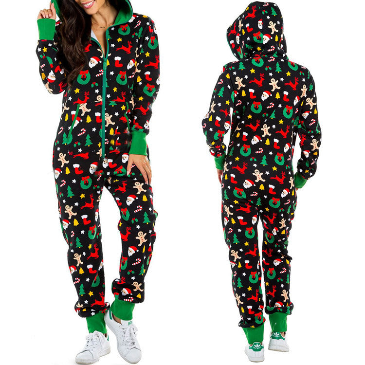 Xmas Jumpsuits- Ho-Ho-Holiday Pajamas: Xmas Zip-Up Hooded Jumpsuit- Suit 4- Pekosa Women Clothing