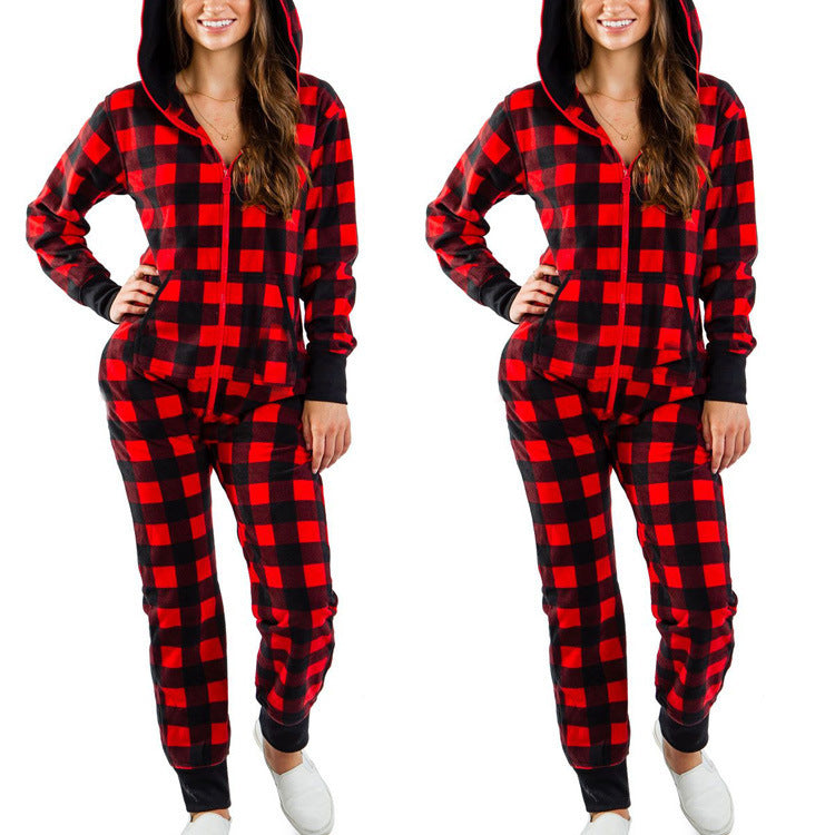 Xmas Jumpsuits- Ho-Ho-Holiday Pajamas: Xmas Zip-Up Hooded Jumpsuit- Pattern2- Pekosa Women Clothing