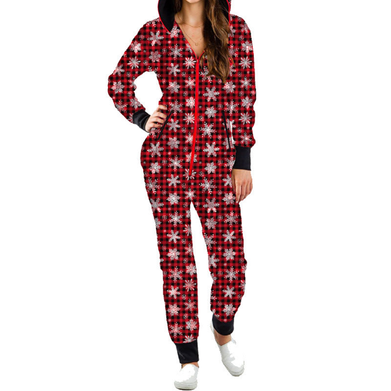 Xmas Jumpsuits- Ho-Ho-Holiday Pajamas: Xmas Zip-Up Hooded Jumpsuit- Suit 6- Pekosa Women Clothing