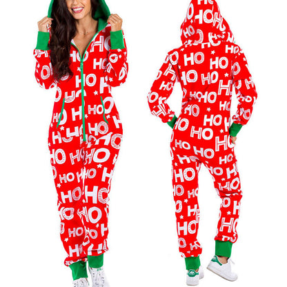 Xmas Jumpsuits- Ho-Ho-Holiday Pajamas: Xmas Zip-Up Hooded Jumpsuit- Suit 5- Pekosa Women Clothing