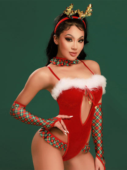 Xmas Lingerie- Celebrate in Style: 4-Piece Christmas Velvet Outfit Lingerie- - Pekosa Women Clothing